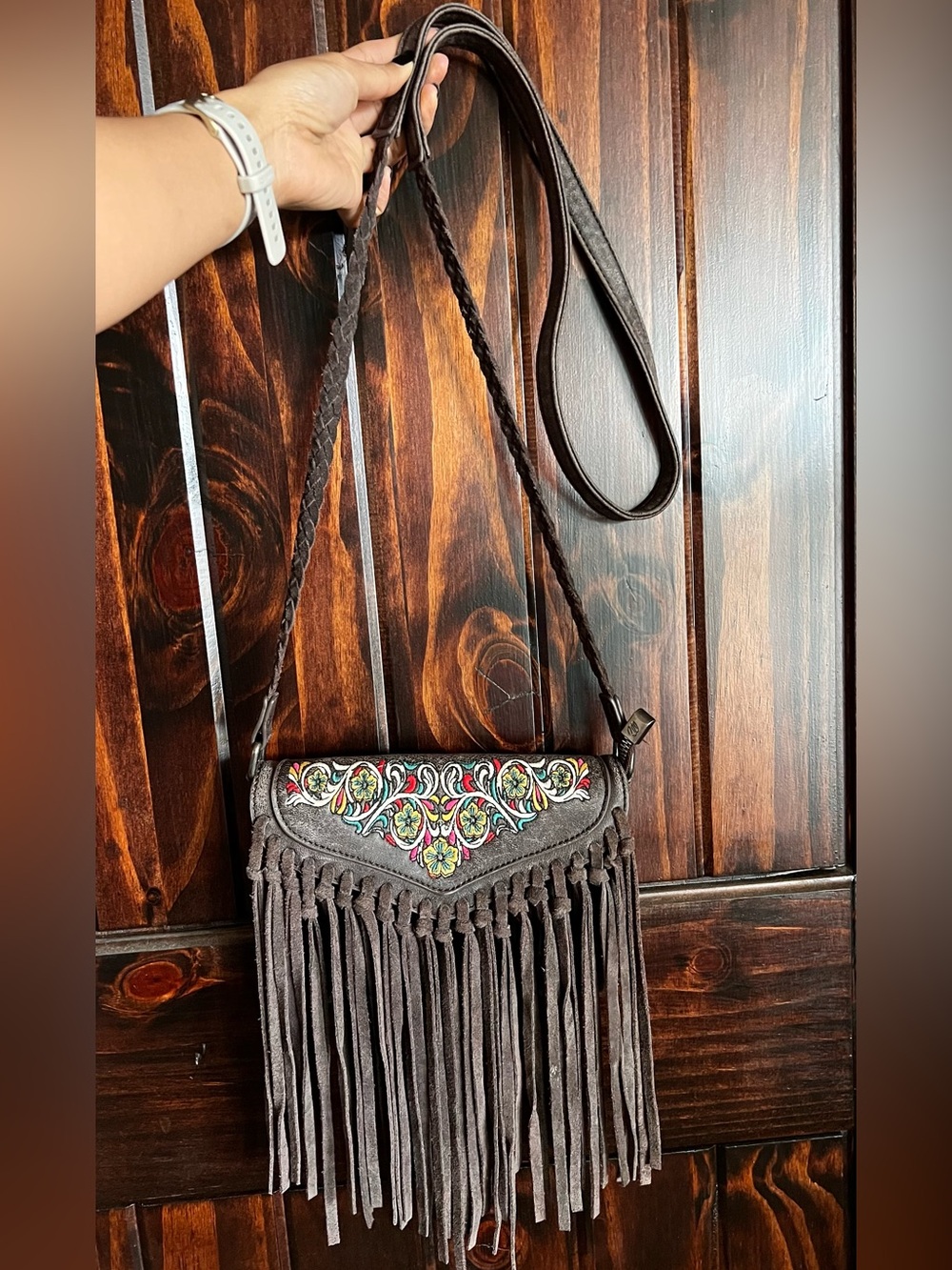 Fringed Floral Embroidered Crossbody Bag - Brown